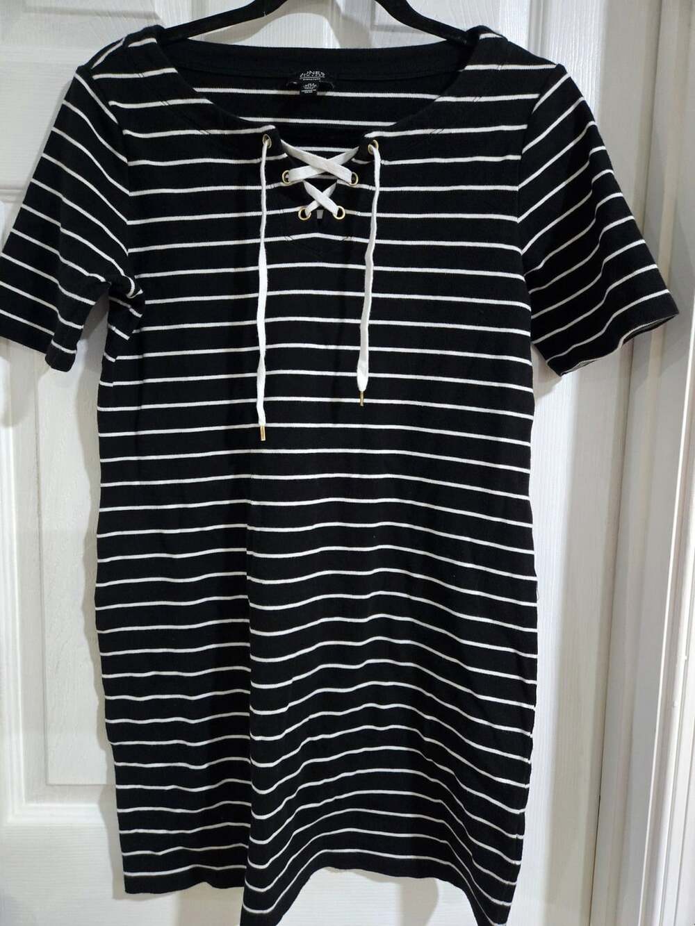 Jones New York Signature Striped Lace-Up Dress Size S Black White Knit